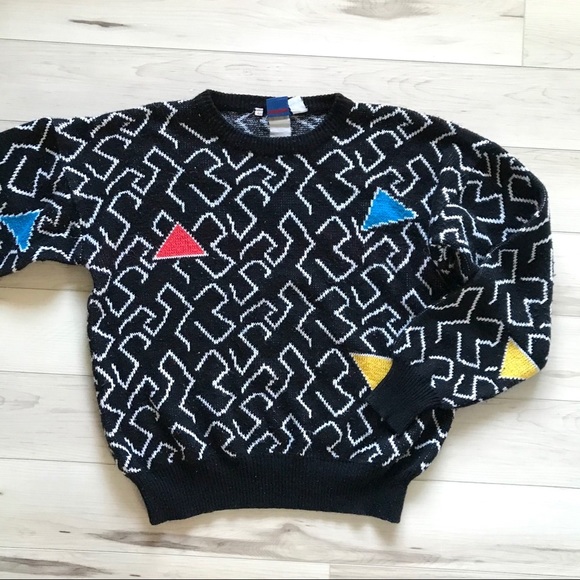 Vintage Sweaters - VINTAGE | Geometric Patterned Black Colorful Funky Cosby Sweater Large